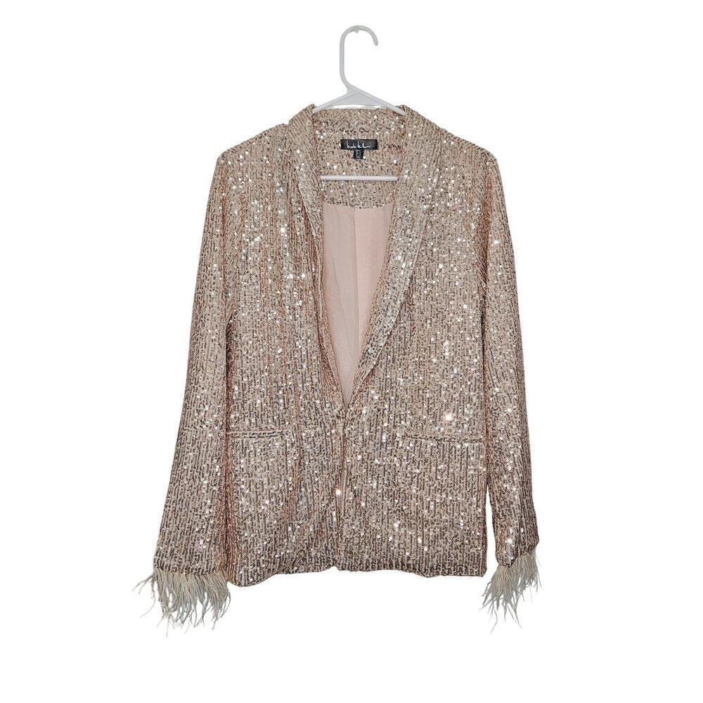 Nicole Miller Charlotte All Over Sequin Feather Trimmed Womens Pink Blazer Sz S - Picture 3 of 8